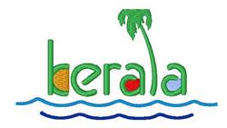 Colorful text reading 'kerala' adorned with a palm tree, yellow sun, and blue waves, showcasing playful summer vibes.