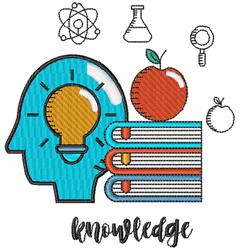 Bright blue head silhouette with a light bulb symbolizing knowledge, surrounded by an apple, books, and scientific icons, col