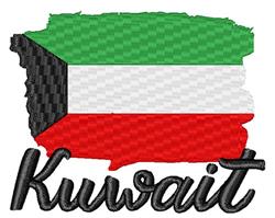 Kuwait flag with bold green, white, and red stripes, black vertical stripe, and elegant 'Kuwait' text below.