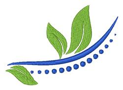 Stylized leaf design with delicate green leaves, flowing blue curved line, and vibrant blue dots. Modern aesthetic.