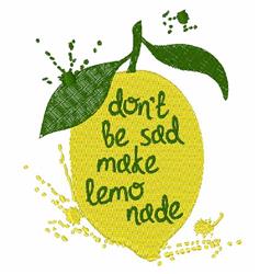 Bright yellow lemon with green leaf and playful text 'don't be sad make lemonade', spring vibe.