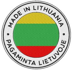 Circular Lithuanian flag patch with bold yellow, green, and red stripes, surrounded by a black border.