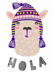 Playful llama with curly white fur, wearing a vibrant purple hat and featuring 'HOLA' text below.