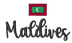 Maldives cursive text with vibrant green and black colors, adorned with a red-framed Maldives flag.