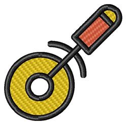 Circular measuring tape with a bold yellow disk, black outline, and vibrant red-orange handle, perfect for crafting.