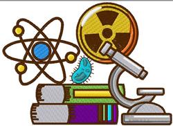 Colorful microscope with an atom and radiation symbol, topped with a blue bacterium on stacked books.