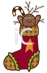 Playful Christmas stocking features a brown monkey peeking out, red plaid design, and a candy cane accent.