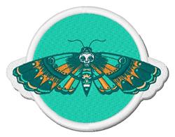 Bold modern graphic moth with skull details, set against a vibrant turquoise background.