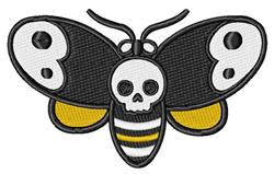 Stylized moth with playful black and yellow wings featuring a white skull motif, bold graphic design.