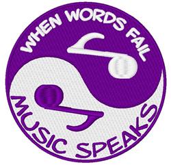 Modern design featuring circular patch with purple background, bold white text, and intricate musical notes.