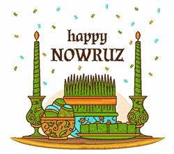 Nowruz table setting with green candles, sprouted wheat, colorful eggs, and a decorative bowl, celebrating the festive season