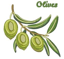 Realistic embroidery of a branch with three green olives and vibrant green leaves, featuring the word 'Olives'.
