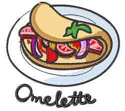 Vibrant omelette filled with colorful vegetables on a white plate, showcasing playful embroidery style.