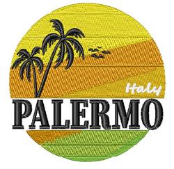 Vibrant text-based design of 'PALERMO' with yellow circular sunset, green and orange gradients, palm trees, perfect for summe