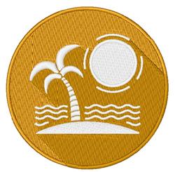 Palm tree on a bright yellow background with a playful sun and wavy water lines, embodying summer vibes.