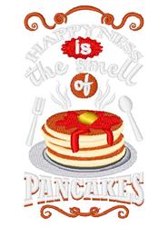 Playful pancakes stacked high with a festive red ribbon, topped with the phrase 'Happiness is the smell of PANCAKES'.