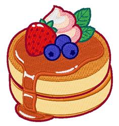Colorful pancake stack with strawberries and blueberries, topped with whipped cream and maple syrup, playful design.