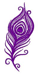 Elegant peacock feather in vibrant purple with intricate swirls and curves, perfect for decorative embroidery.