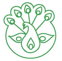 Minimalistic peacock silhouette with leaf patterns and circular design in a single green outline.