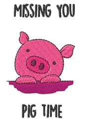 Playful pink pig with a friendly expression in a colorful speech bubble saying 'MISSING YOU PIG TIME'.