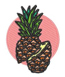 Colorful pineapple with a green crown and textured brown body, partially sliced against a pink circle.
