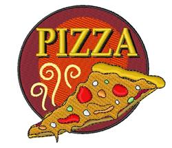 Vibrant pizza slice with pepperoni and green vegetables, bright yellow 'PIZZA' text above, all on a bold red circle.
