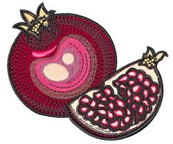 Colorful pomegranate slice with rich red skin, pink and white seeds, accented with gold details in detailed embroidery.