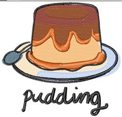 Applique pudding with a glossy caramel top on a white plate, accompanied by a silver spoon.