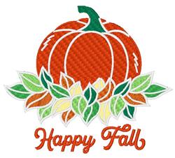 Colorful pumpkin with a green stem, surrounded by vibrant leaves, with 'Happy Fall' text, perfect for festive autumn décor.