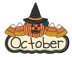 Playful pumpkin with black witch hat on colorful candy corn, featuring 'October' text. Perfect for Halloween.