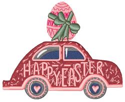 Playful red car with pink Easter egg and green bow, featuring hearts and 'HAPPY EASTER'. Perfect for Easter.