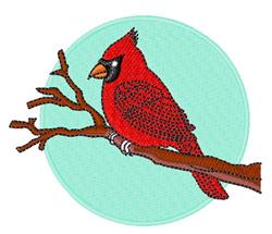 Vibrant red cardinal perched on a textured brown branch, set against a soft mint green circular background.