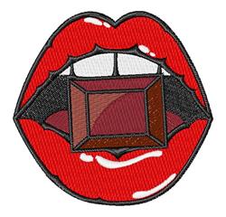 Bold red lips showcase a brown rectangular block, outlined in black, designed for trendy accessories.