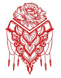 Intricate rose in vibrant red, adorned with delicate ornamental patterns and elegant hanging accents.