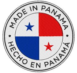 Round patch with 'MADE IN PANAMA' and 'HECHO EN PANAMÁ' in red, white, and blue, featuring two stars.