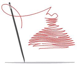Minimalist sewing needle with red thread looping through its eye, above a stylized spool of thread.