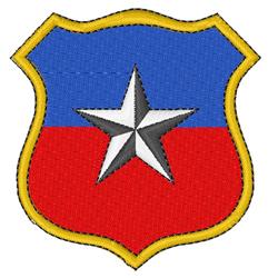 Shield with star emblem featuring a blue upper half, red lower half, and bold black star. Simple flat design.