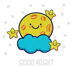Cheerful yellow moon with a smile, nestled with three smiling stars and a fluffy blue cloud for a playful bedtime theme.