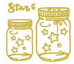 Whimsical jars with stars, featuring cheerful yellow colors and the playful text 'Star', perfect for embroidery.