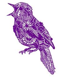 Intricate line art of a vibrant purple songbird singing, adorned with detailed floral patterns.