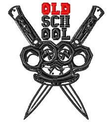 Stylized scissors crossed with bold knuckles, featuring 'OLD SCHOOL' text in red and black, edgy design.