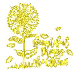 Whimsical sunflower in vibrant yellow with intricate petals and cheerful text, perfect for spring décor.