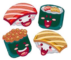 Playful sushi rolls with smiling faces and colorful toppings in a cartoon style.