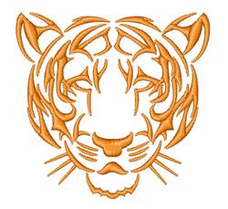 Stylized tiger face highlighted by bold, flowing orange lines with intricate details against a plain background.