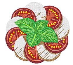 Vibrant arrangement of red tomato slices, creamy mozzarella rounds, and fresh green basil leaves.