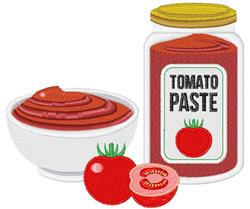 Tomato paste in a jar, accompanied by a bowl of rich red paste, whole and sliced tomatoes, colorful and playful.