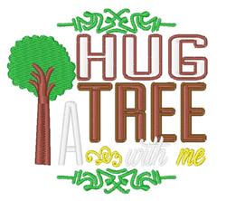 Playful green tree with a textured brown trunk and colorful text saying 'HUG A TREE with me.' This vibrant design is perfect