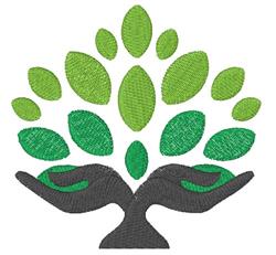 Stylized tree with green leaves rises from gray hands in a modern, symmetrical design, symbolizing growth.