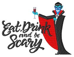 Whimsical vampire character in blue and red, with a wine glass and dramatic cape. Halloween theme design.