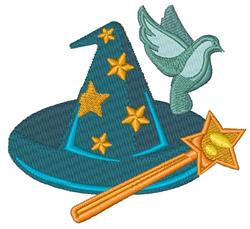 Colorful wizard hat with yellow stars, light teal bird, and orange wand, perfect for Halloween-themed decor.